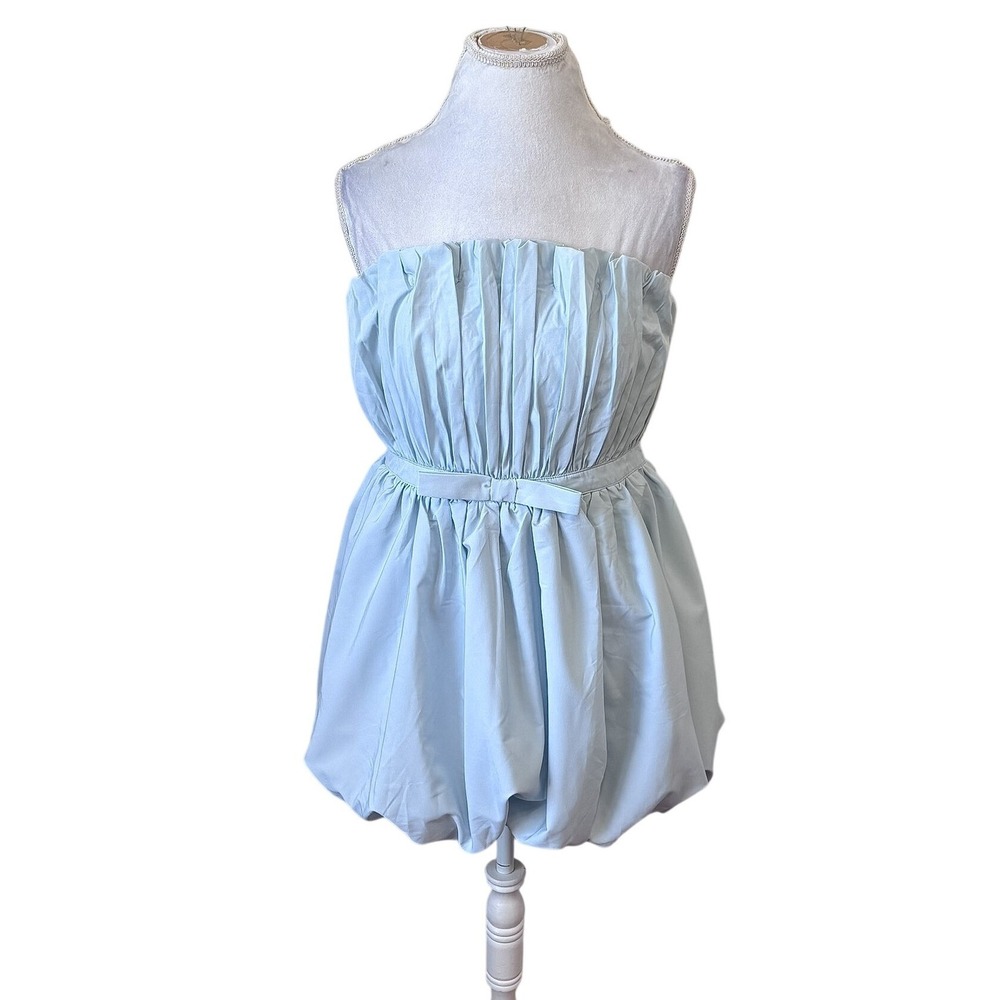 PrettyLittleThing Strapless Bubble Puffball Mini Dress 10 Light Blue Bow Balloon